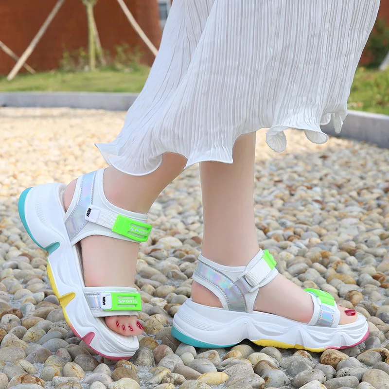 Women Summer Rainbow Platform Sandals Fashion Flat Sports Casual Hook&ampLoop Red Green Shoes Large Size 42 | Обувь