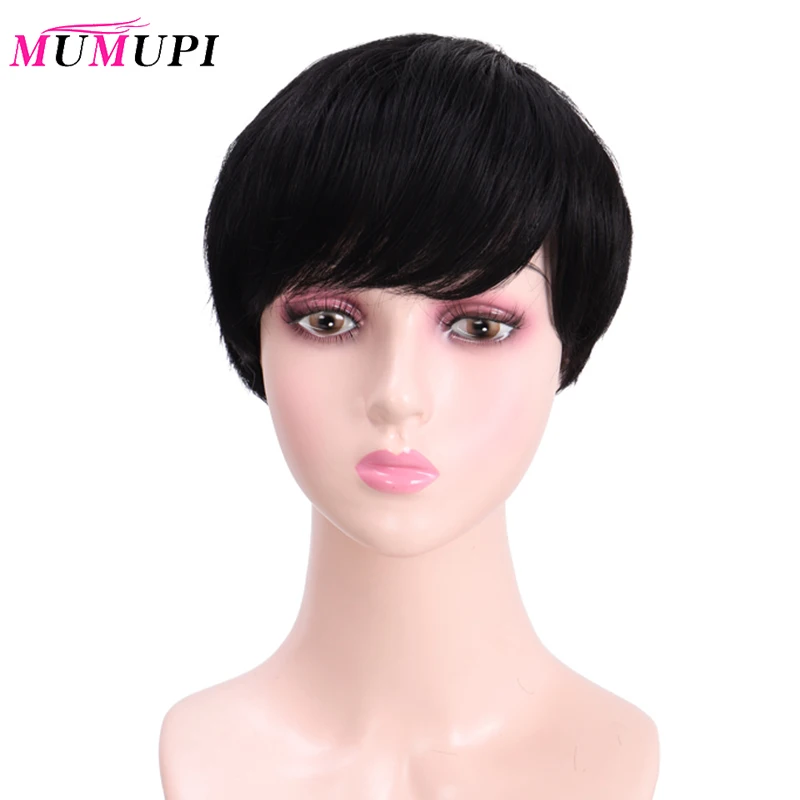 

MUMUPI Women Pixie Hairstyle Black Short Straight Heat Resistant Synthetic Wig with Bangs Free Shipping