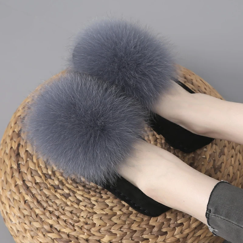 

2019 Newest fox fur ball platform shoes women thick bottom moccasins flats comfort plush slip on lazy creepers furry espadrilles