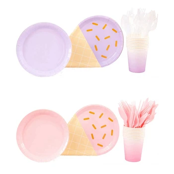 

Partybus 80Pcs Pure Colour Icecream Disposable Plates Tableware Set, Plate+Glass+Spoon+Fork Ect.Pink & Purple