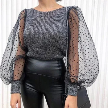 

Chiffon Knitted Ribbed Women's Blouses Long Lantern Sleeve Patchwork Blouse Women 2020 Autumn Spring O-neck Slim Woman Tops