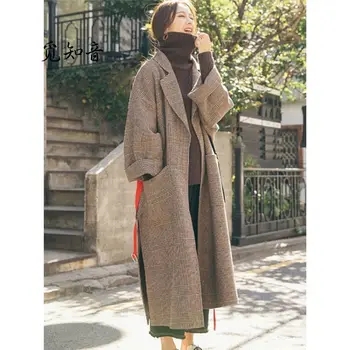 

New Autumn Long Women Wool Coat Lapel Fashion Belt Slim Female Elegant Vintage Jacket Overcoat For Office Ladies Plus Size f1512