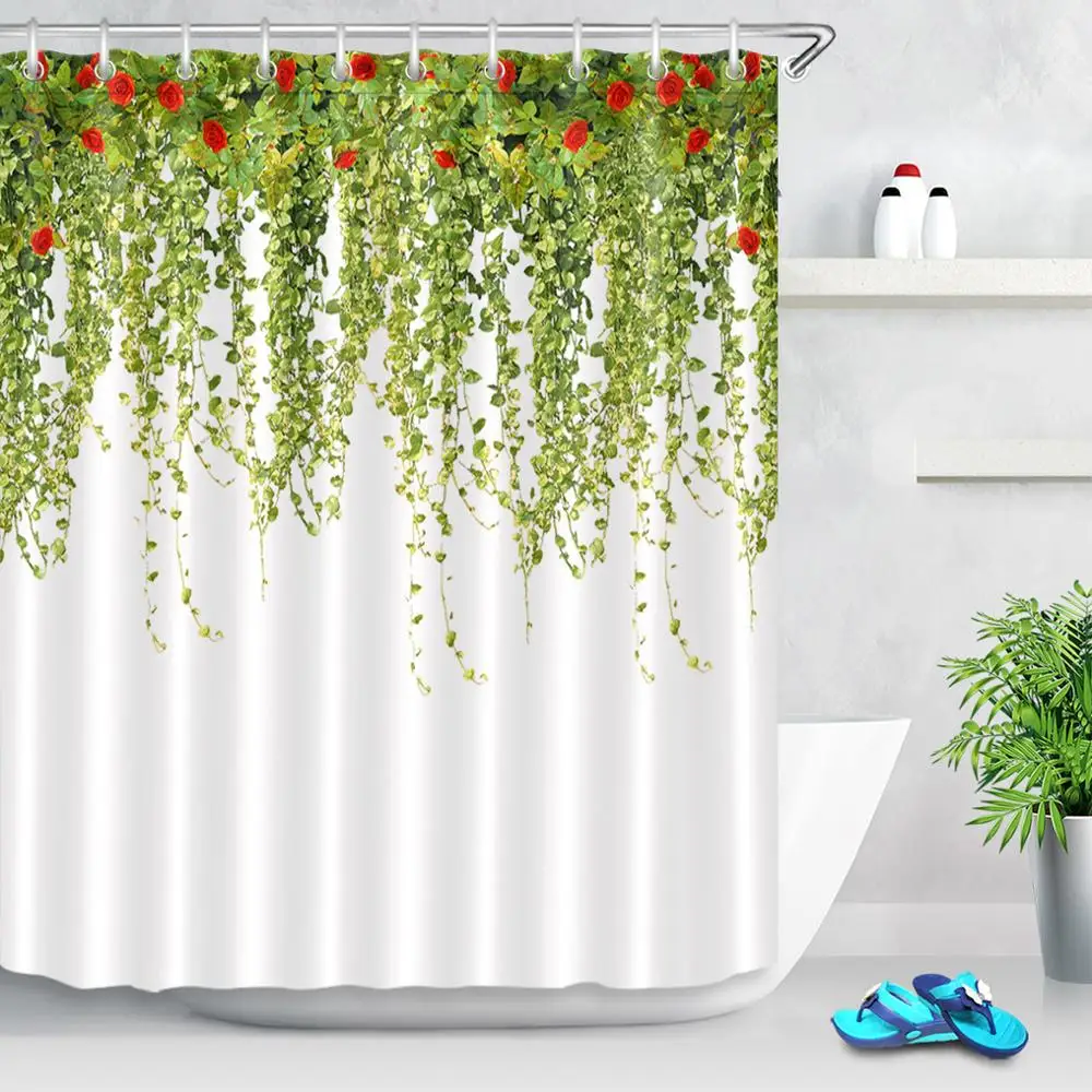 Spring Plant Leaf Shower Curtains Rose Flower Green Vine Waterproof