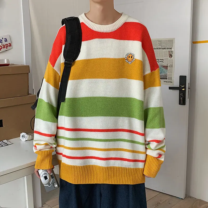

2020 Autumn Men's New Color Wide Stripe Crew Neck Sweater Loose Fashion Casual Pullover Size M-XL