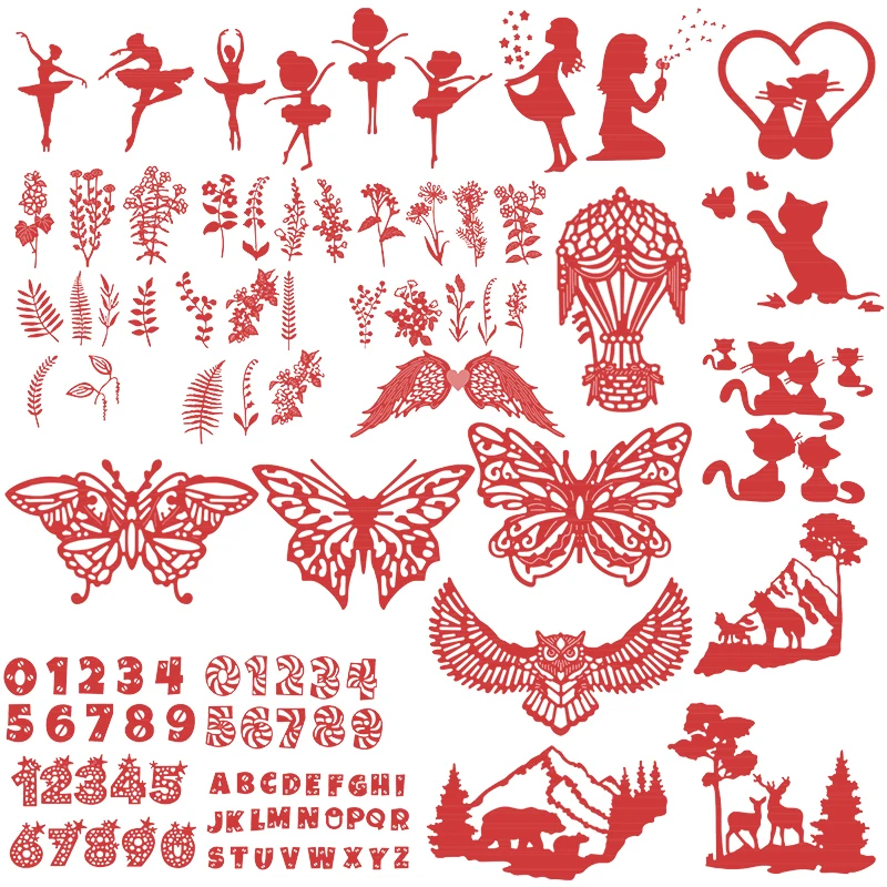 

Butterflies Ballet Girl Love Cat Plants Numbers Set Metal Cutting Dies Scrapbooking Craft Card Album Photo Making DIY Stencil