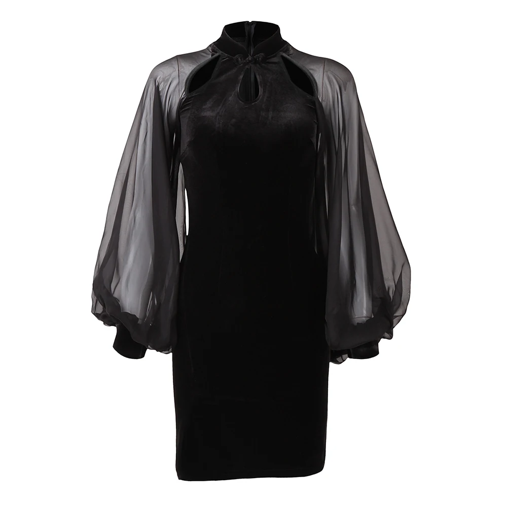 Rosetic готическое облегающее мини платье черное рукав фонарик женское сексуальное
