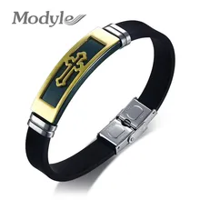 Силиконовый браслет для мужчин, золотой тон, крест, манжета, черные резиновые браслеты, мужские ювелирные изделия для молитвы