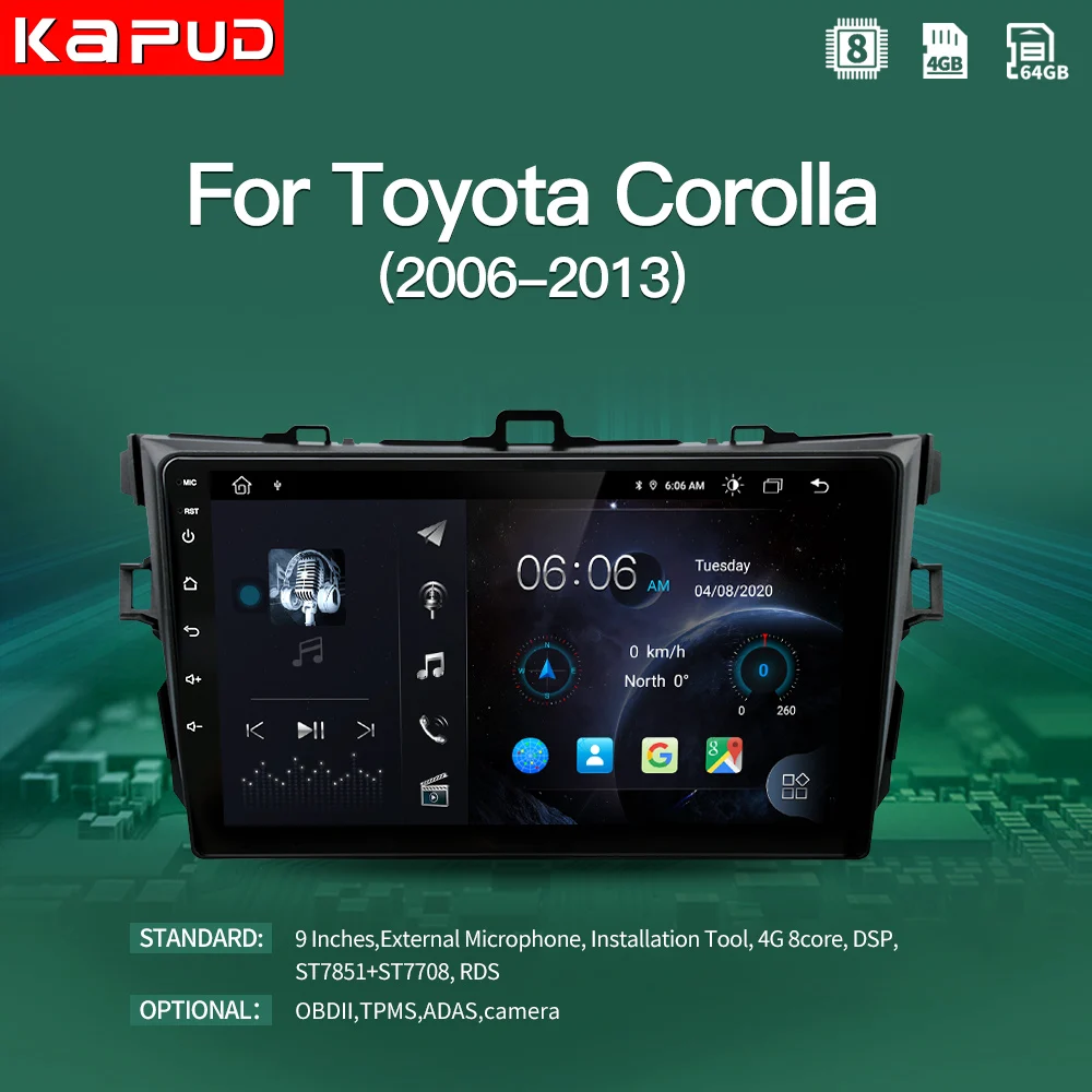 Kapud Android 10,0 Auto Radio 9 "coche reproductor Multimedia estéreo para Toyota Corolla E140/150/2006-2013 Wifi GPS de navegación