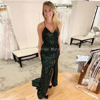 

Sexy Sequined Evening Dresses Spaghetti Straps Dark Green Long vestido de festa High Slit Crisscross Back Mermaid Prom Dress