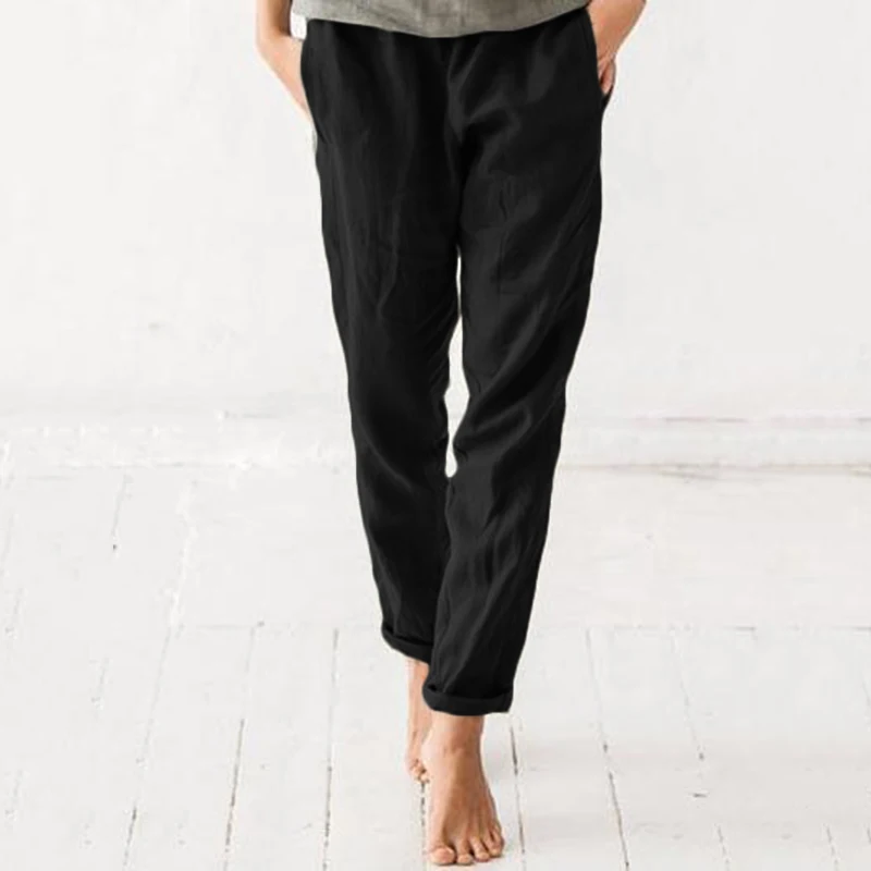 Брюки ZANZEA женские осенние летние повседневные длинные брюки хлопковые карманы Pantalon Femme плюс размер эластичный пояс винтажные брюки 5xl - Цвет: Черный