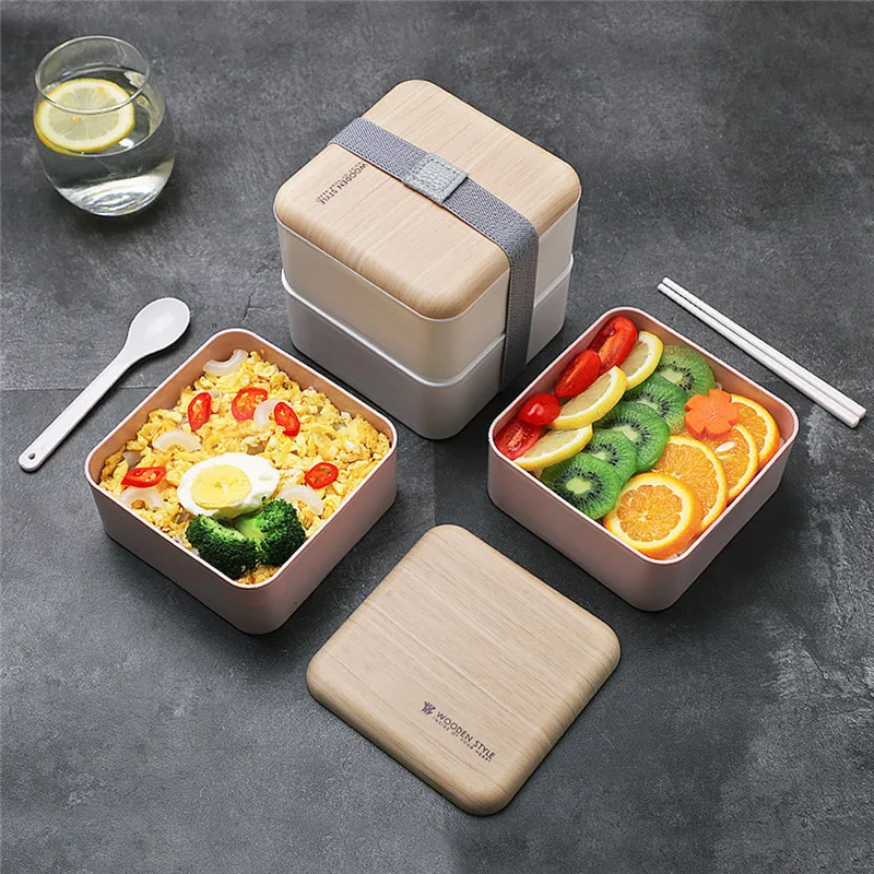 

Microwave Lunch Box Japanese Wood Bento Box 2 Layer Container Storage New Fitness office worker lunch box for kids bento @C