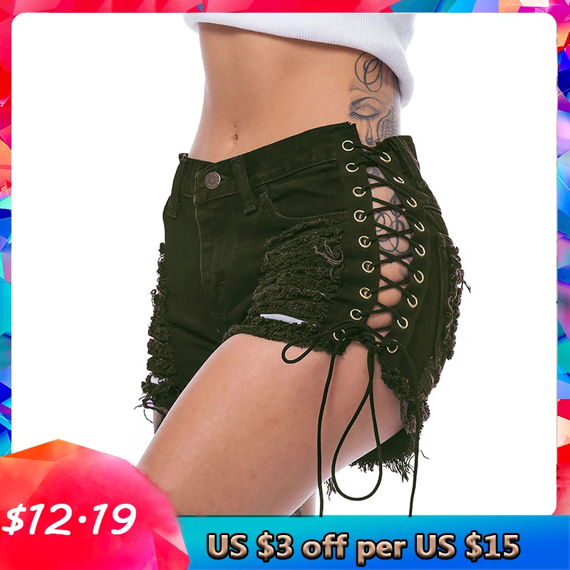 

Women Summer Denim Jeans Shorts Hole Scratched Ripped Low Waisted Short Femme Push Up Skinny Slim Denim Shorts with Tassel L0107