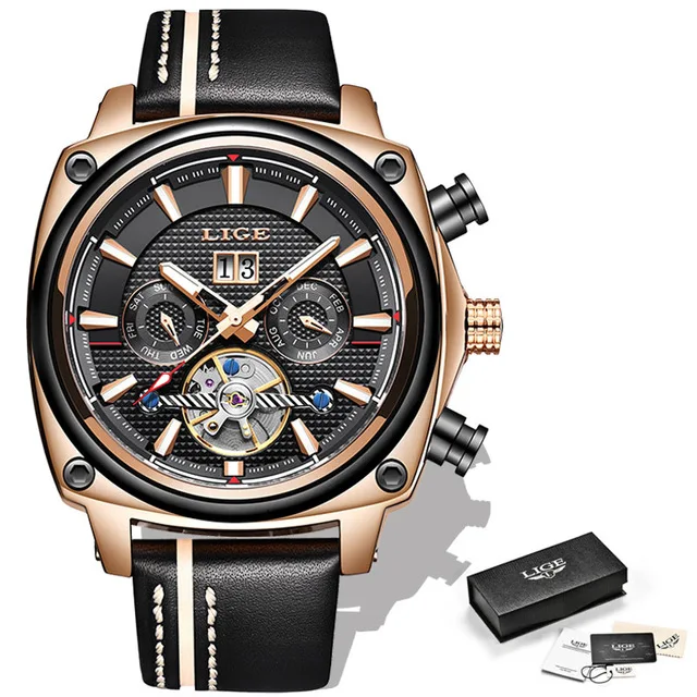 Rose gold white Новинка LIGE мужские s часы лучший бренд класса люкс Высокое качество Автоматические Механические Спортивные мужские часы Tourbillon водонепроницаемые часы - Цвет: Rose gold white