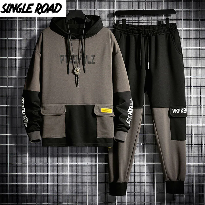 Mens Tracksuit Hoodie Sportswear Men-Sets Sweatpants-2pieces-Set Patchwork Oversized