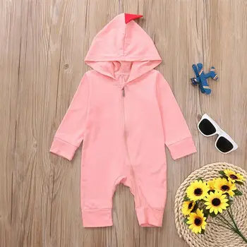 

18-24Months Boys Girls Dinosaur Hooded Costume Long Sleeve Zippered Jumpsuit Outfit Baby Casual Romper - 100cm (Pink)