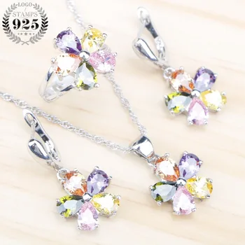 

Wedding Silver 925 Costume Jewelry Sets For Women Flower Multi-Color Zircon Necklace Pendant Earrings Rings with Stones Gift Box