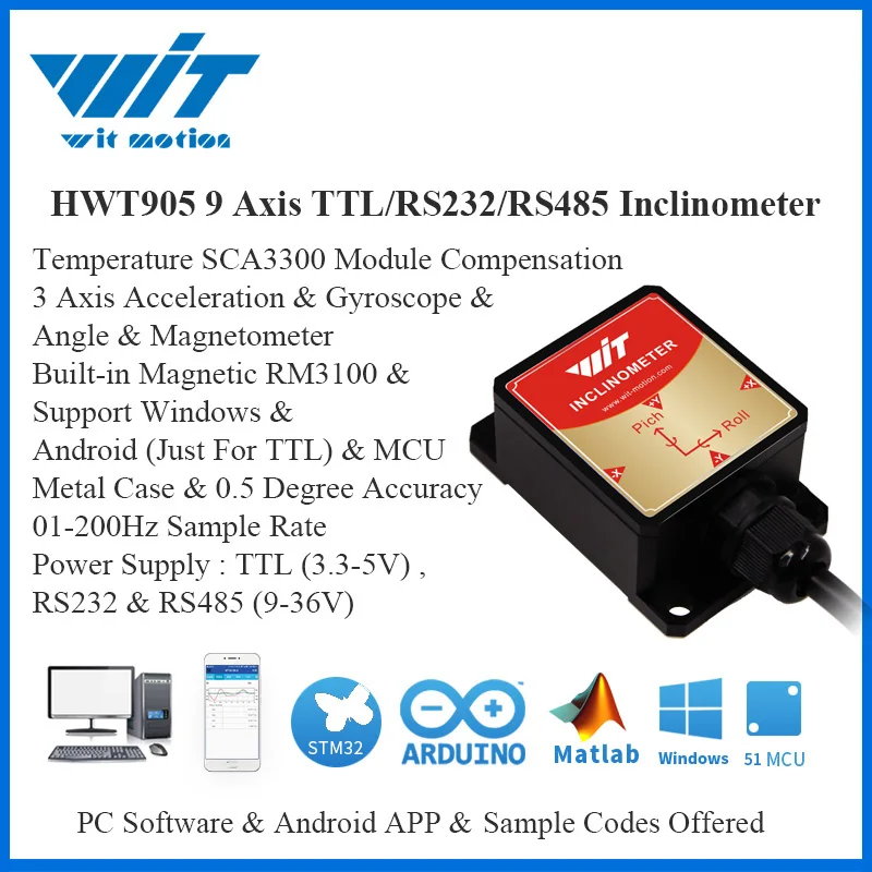 WitMotion HWT905 Высокая точность 0,05 ° военно-Класс Сенсор Инклинометр 9 Axis AHRS Сенсор Водонепроницаемый IP67 & анти-вибрации