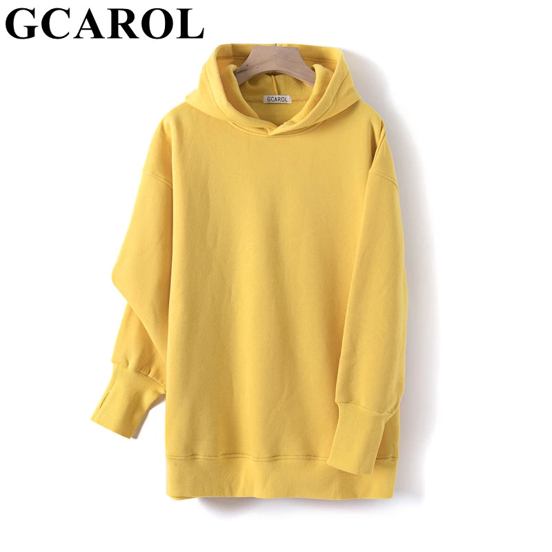 GCAROL, осенне-зимняя женская удлиненная толстовка с капюшоном, 80% хлопок, флис, карамельный трикотаж, на плече, оверсайз, свитер в стиле бойфренда