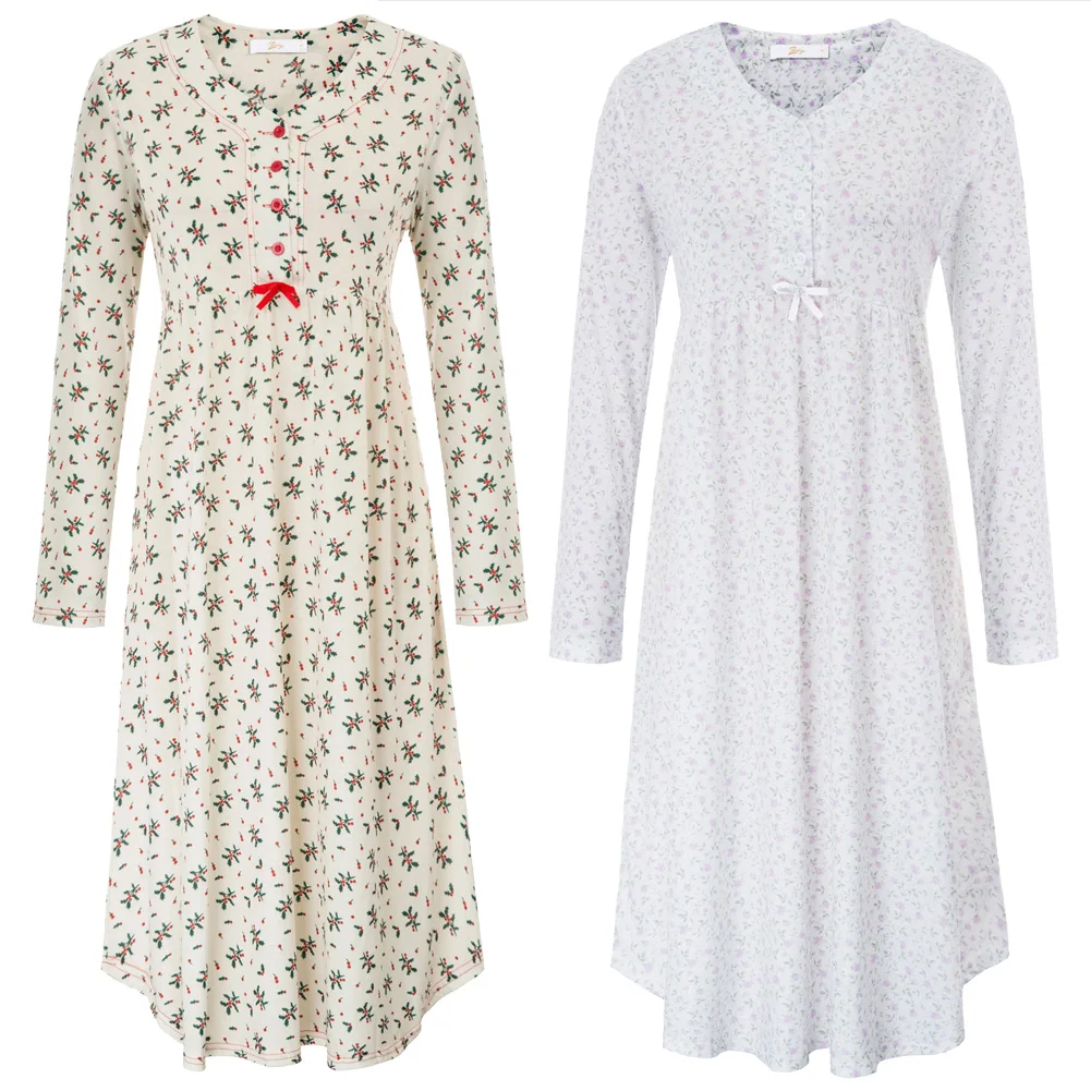 Women Floral Sleep Dress Nightgown autumn winter sleepshirts sweet fashion Long Sleeve V-Neck Buttons Front sleepwear dress