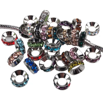 

Wholesales 100pcs/lot Mixed Colors Rhinestone Rondelle Spacers European Large Hole Beads Fit Charms Bracelets 10x4mm