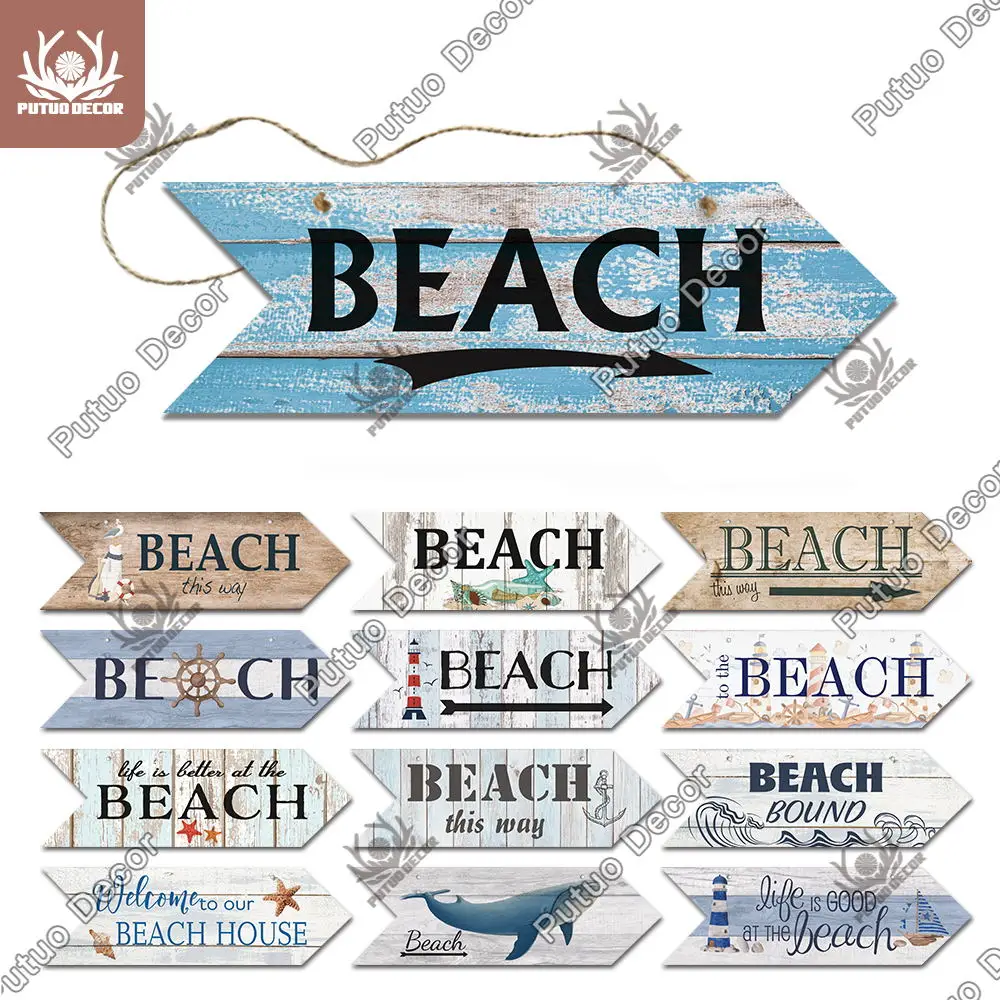Putuo Decor Beach Arrow Wooden Sign Wood Wall Plaque Seaside Road Guide Decoration Indicator Hanging Irregular | Дом и сад