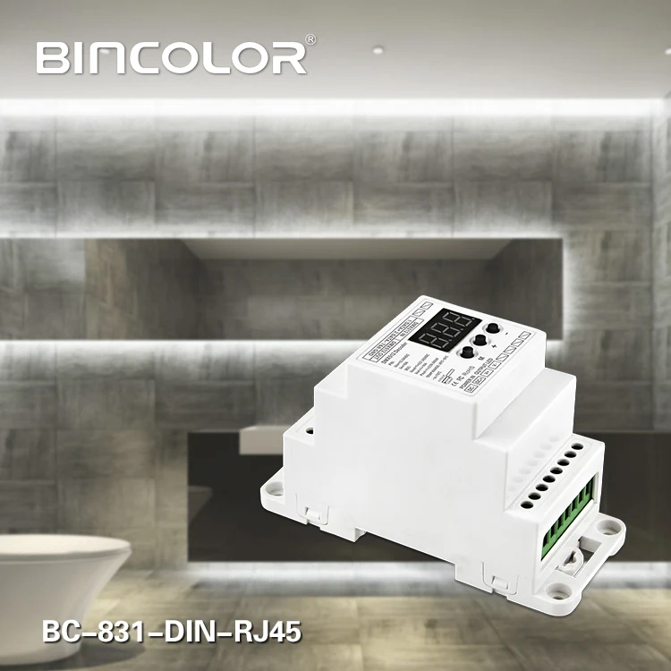 

BC-831-DIN-RJ45 DC12-24V input 10A*1CH output,Constant voltage DIN Rail DMX512 Decoder digital tube display for led strip