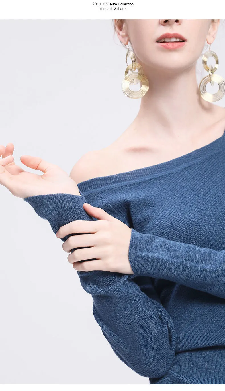 LZJN 2019 Women Sweater Long Sleeve Shirt Women Casual Office Top Sexy V-Neck Off Shoulder Pullover Sweater Loose Knit Jumper  (13)