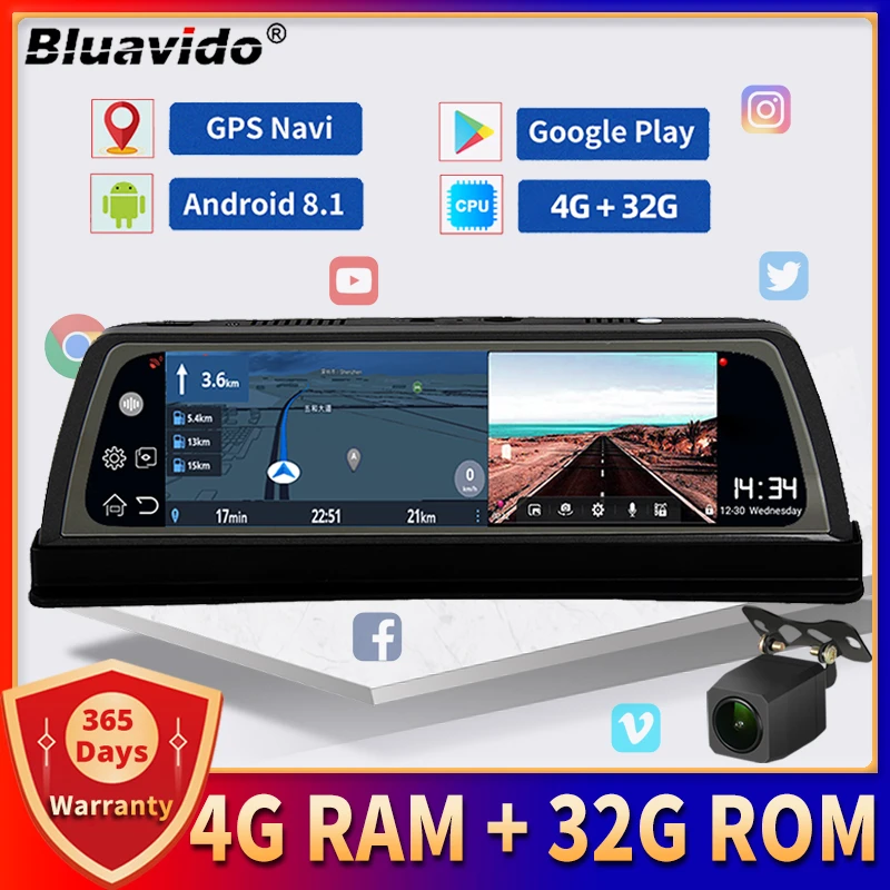 vehicle blackbox dvr full hd 1080p Bluavido 4G Android Video Recorder 10" IPS Car Dashboard Camera GPS Navigation 1080P Dual Lens DVR ADAS WiFi Remote Surveillance rear view mirror backup camera