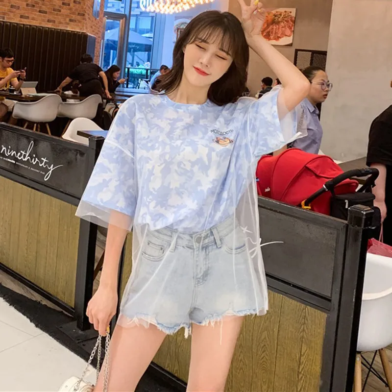 

Women Summer Fashion Sweet Half Sleeve O-Neck Printed Mesh Layered Tee Tops Long T Shirt
