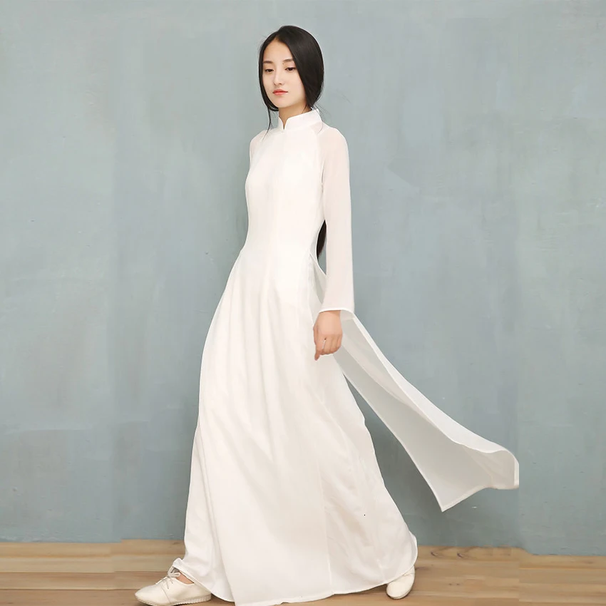 Vietnam Ao Dai White Solid Chiffon Perspective Dress for Woman Chinese Cheongsams Full Sleeve Female Oriental Dress