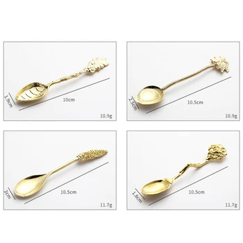 

4Pcs Set Mini Cute Vintage Dessert Coffee Spoon Flatware Royal Style Coconut Tree Tea Spoon Carved Ice Cream Golden Tableware#