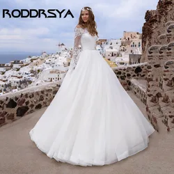 RODDRSYA Modern Boho Beach Wedding Dresses White 3D Flower Lace Appliques Long Sleeves Bridal Dress 2022 Plus Size Wedding Gowns
