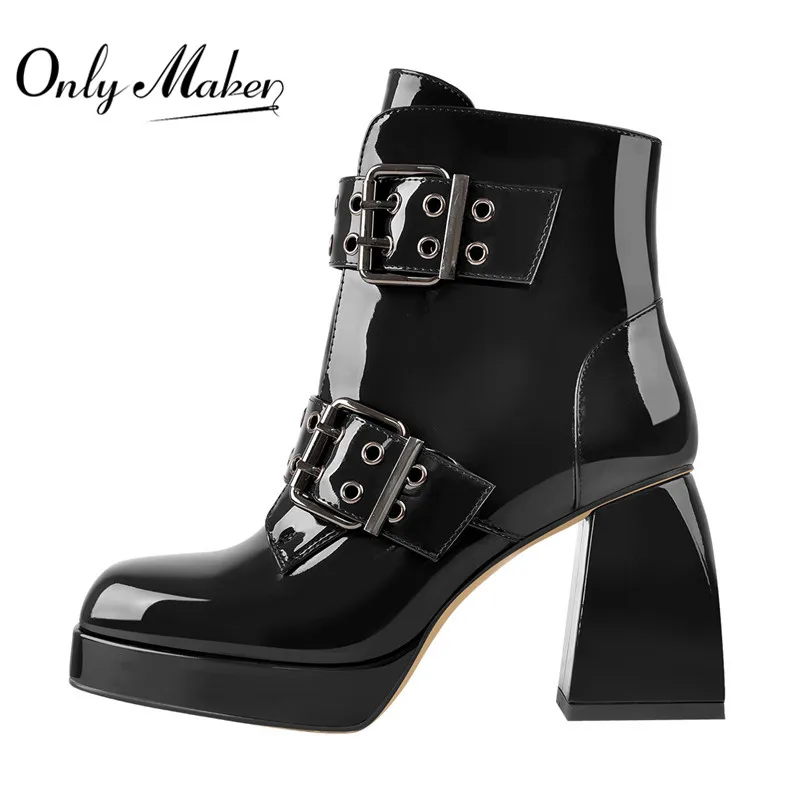 

Onlymaker Women's Platform Square Toe Black Wine Patent Leather Side Zip Ankle Booties Sexy Lady Big Size Short Boots
