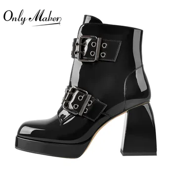 

Onlymaker Women's Platform Square Toe Black Wine Patent Leather Side Zip Ankle Booties Sexy Lady Big Size Short Boots