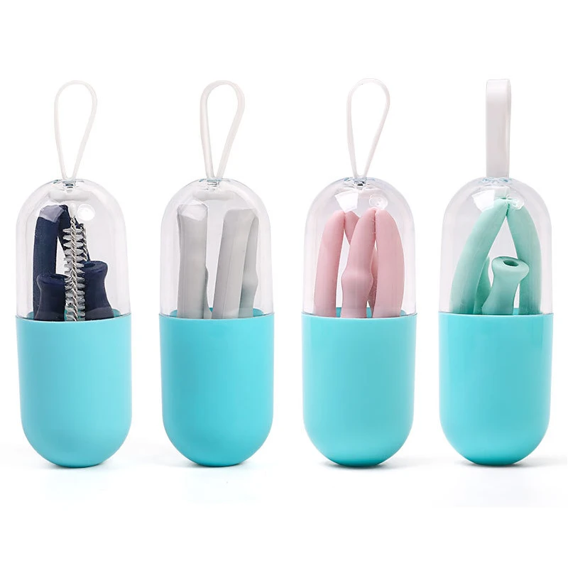 Collapsible Reusable Straw Foldable Silicone Straw Drinking Straws With Cleaning Brush Set for Travel Home Office Bar Drinks