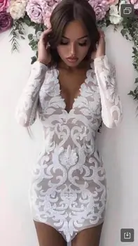 

High Quality White Long-Sleeve Mesh Rayon Bandage Dress Cocktail Party Bodycon Dress