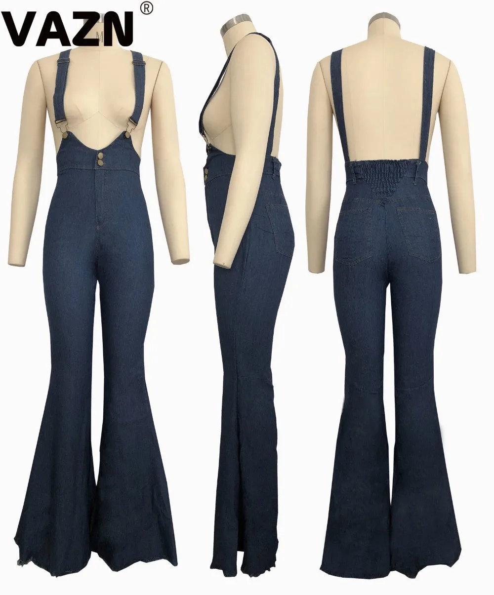 VAZN GSMR19110 chic product autumn sexy lady blue long jeans skinny flares pants sexy lady romper pockets high street jeans