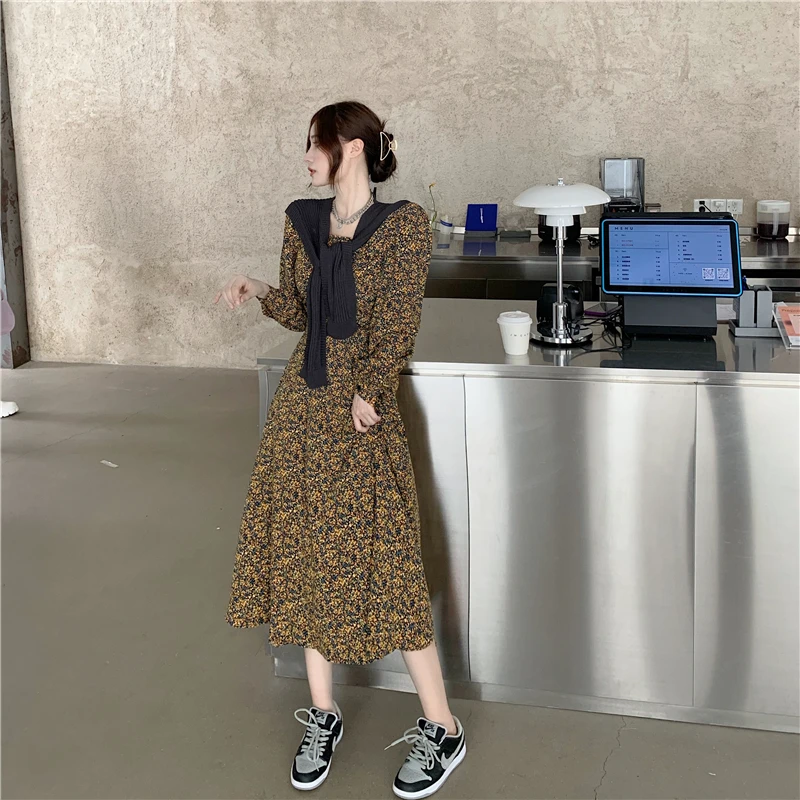 

New Autumn Chiffon Women Dress Print Square Collar High Waist Elegant Mid-calf Dress Long Sleeve Vintage Fashion Shawl Dresses