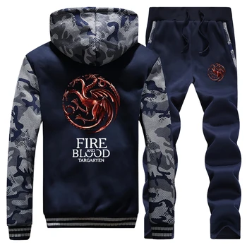 

Game Of Thrones Fire And Blood Winter Fleece Camo Hoodies +pants Mens two Piece Sets House Targaryen Sweatshirt Men Sportswear