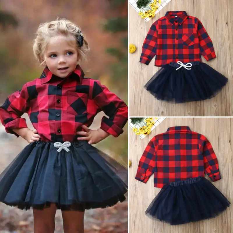 

Toddler Baby Girls 2Pcs Christmas Set Red Plaid Long Sleeve T Shirt Button Down Tops + Tulle Skirt Tutu Dress Xmas Outfits