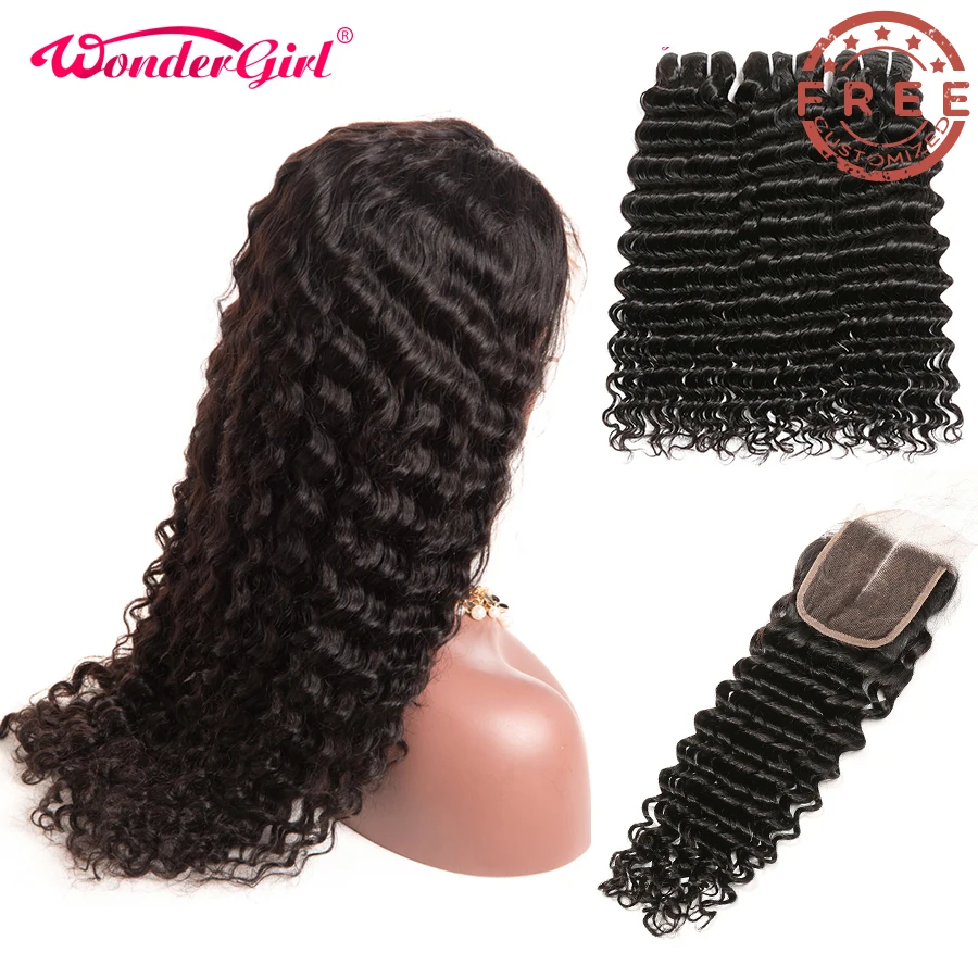 

Free Customized Deep Wave 4x4 Lace Closure Wig 300 Density By Brazilian Remy Human Hair Deep Wave Bundles With Closure