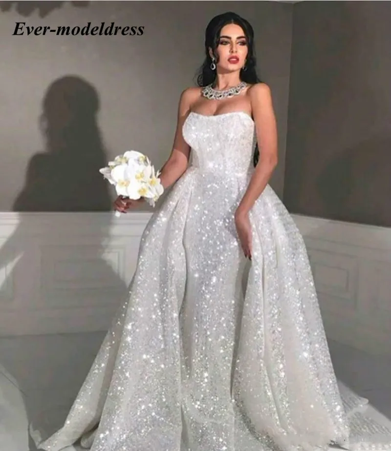 Shiny Arabic Mermaid Wedding Dresses With Overskirt Sleeveless Corset Back Mariage Gowns 2020 Vestido De Novia
