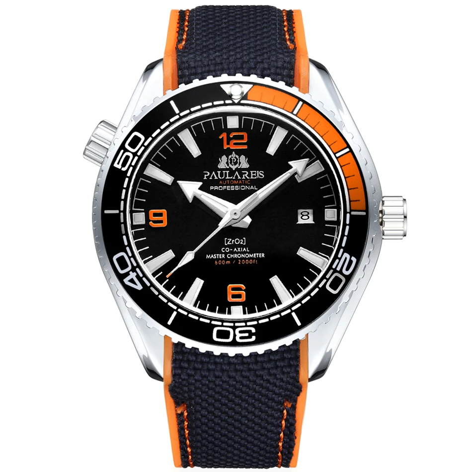 Men Automatic Self Wind Mechanical Canvas Rubber Strap Orange Blue Red Rotatable Bezel Classic Watch afbeelding