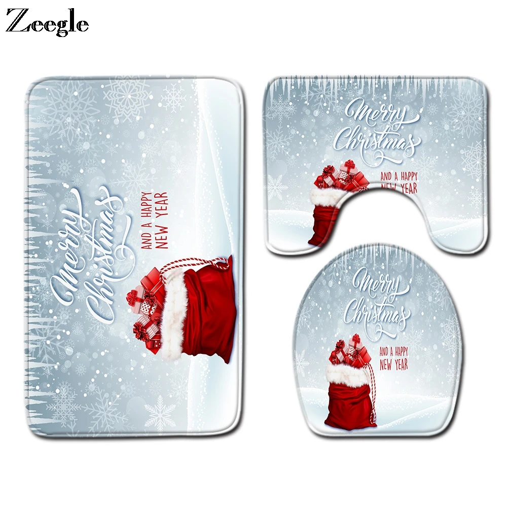 Zeegle Merry Christmas Bath Mat Set Lid Toilet Cover Mat Washable Bathroom Rug Anti Slip Bath Mat Flannel 3pcs Bathroom Rug Set