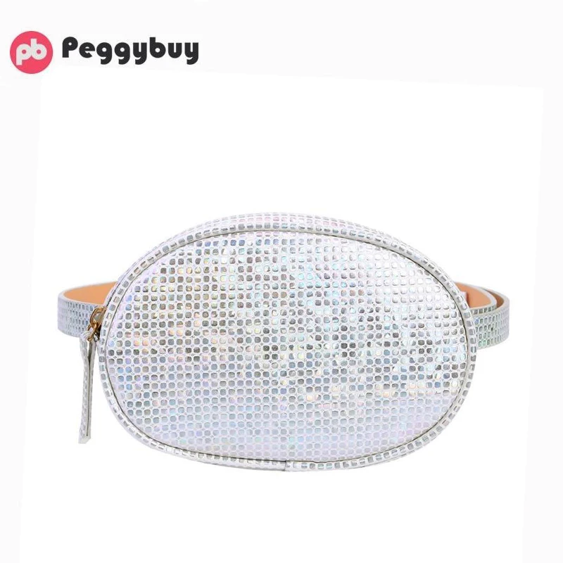 

Laser Oval Chest Pack Women Belt Crossbody Fanny Bag PU Shoulder Waist Bags Black Silver Fanny Pack Travel Chest Bag Phone Pouch