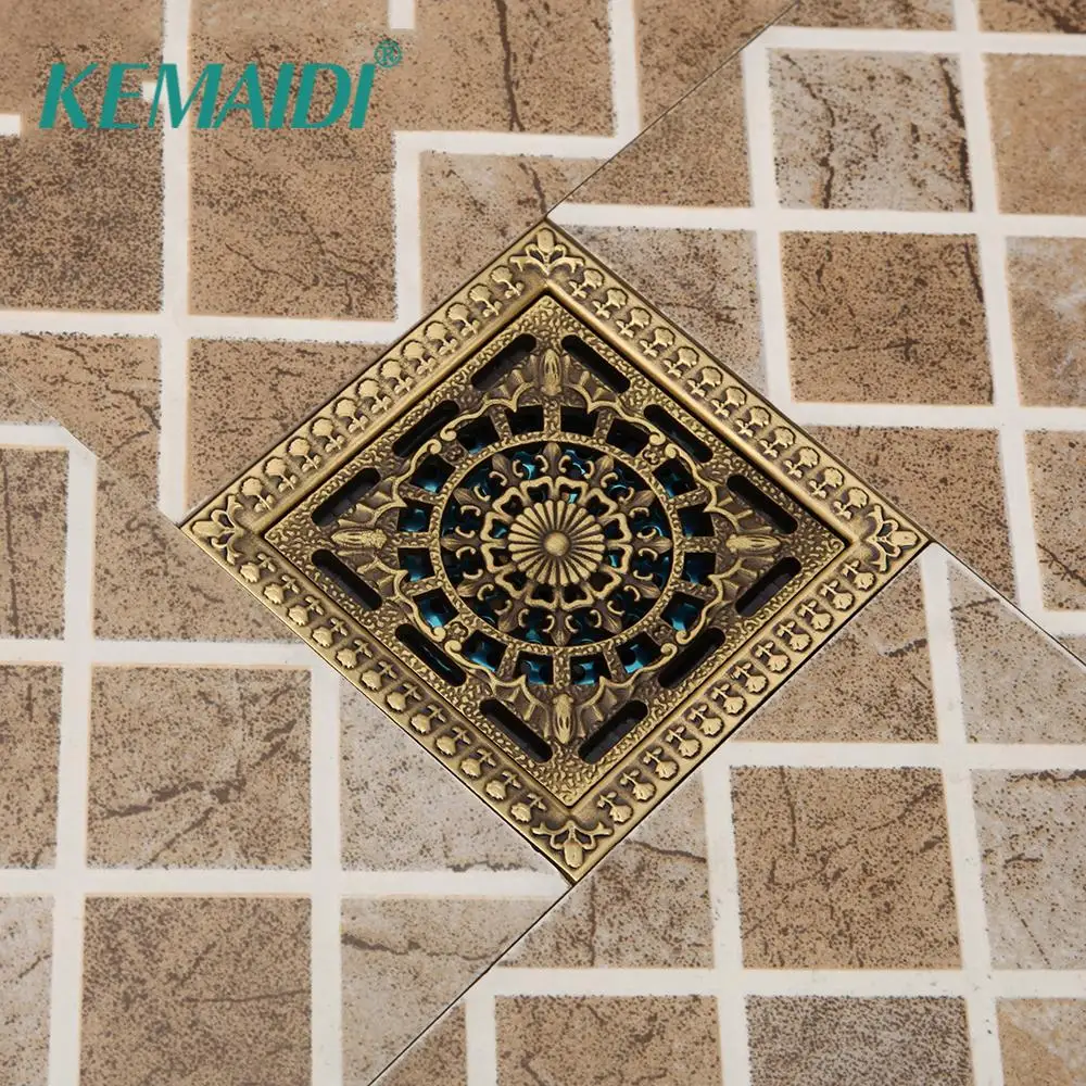 

KEMAIDI Antique Brass Shower Bathtub Bathroom Floor Drain Water Filter Sink Strainer Waste Square 12*12cm Drainage