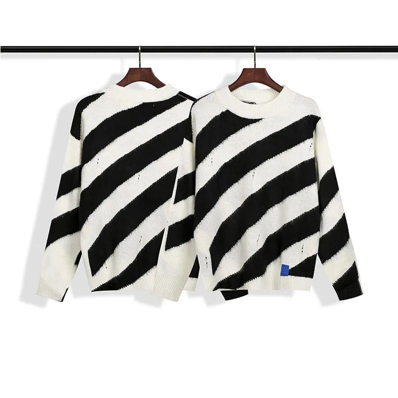 

2020 Autumn and Winter New Men's European and American High-Quality OW Trendy Brand Striped Printed Round Neck Knitted Sweater