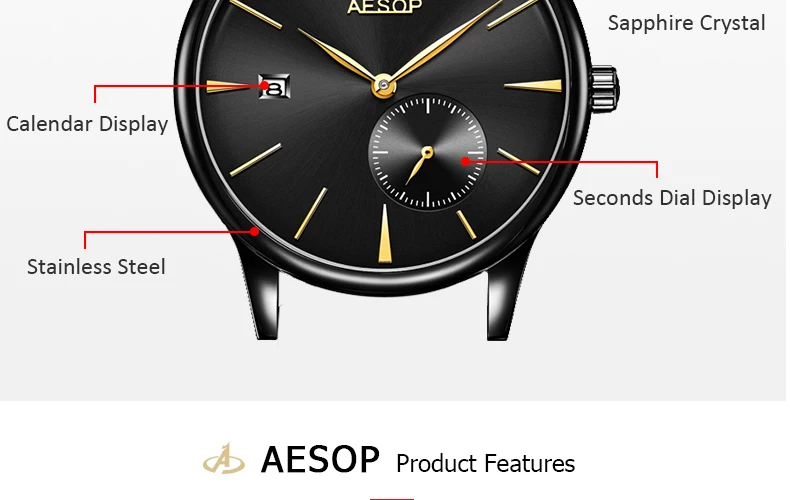 Aesop clássico relógio mecânico masculino data calendário