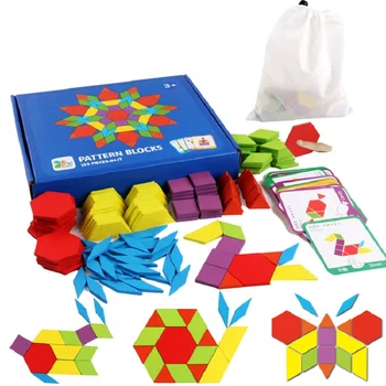 155 Pcs Wooden Pattern Blocks Set Geometric Shape Puzzle Kindergarten Classic Educational Montessori Tangram Toys for Kids 1