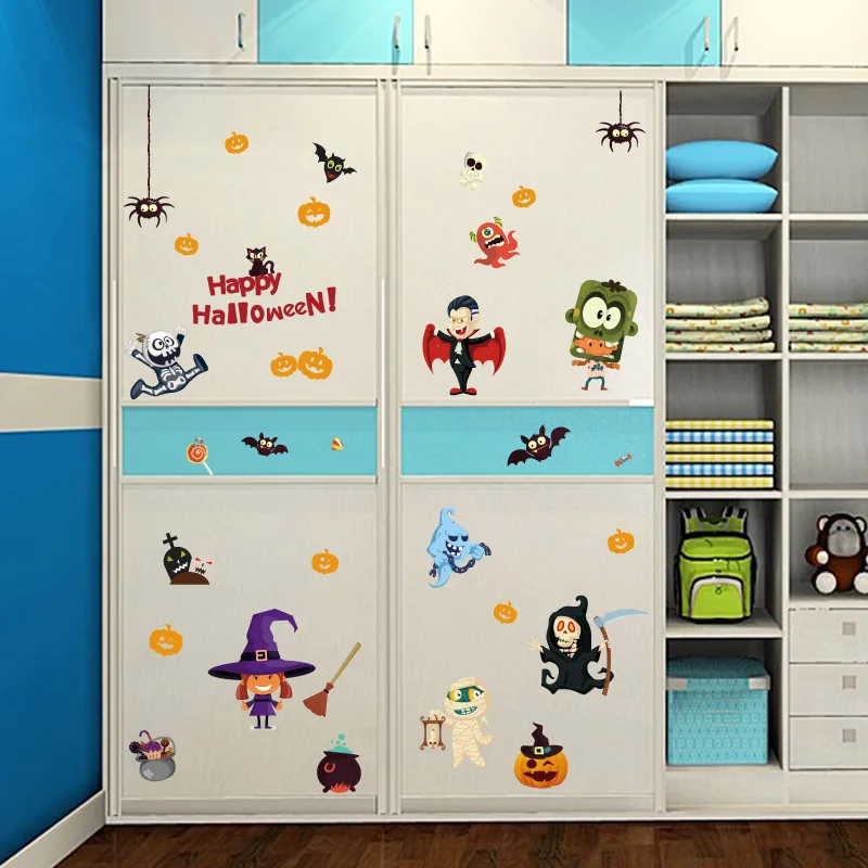 Halloween Wall Stickers Bar Shop Showcase Glass Decorative Kid Witch Pumpkin Lamp Bat SK9096